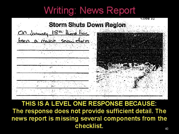 Writing: News Report THIS IS A LEVEL ONE RESPONSE BECAUSE: The response does not Writing: News Report THIS IS A LEVEL ONE RESPONSE BECAUSE: The response does not