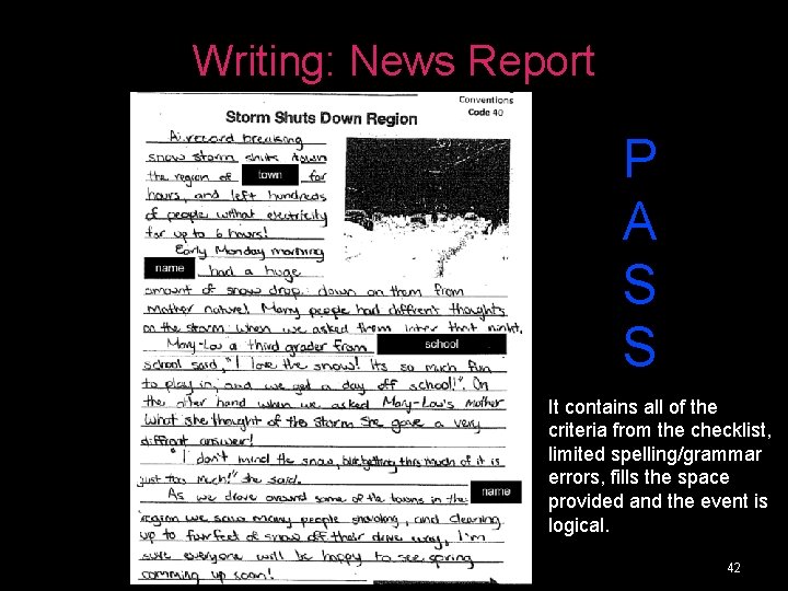 Writing: News Report P A S S It contains all of the criteria from Writing: News Report P A S S It contains all of the criteria from
