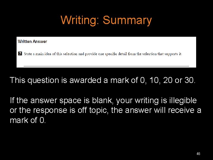 Writing: Summary This question is awarded a mark of 0, 10, 20 or 30. Writing: Summary This question is awarded a mark of 0, 10, 20 or 30.