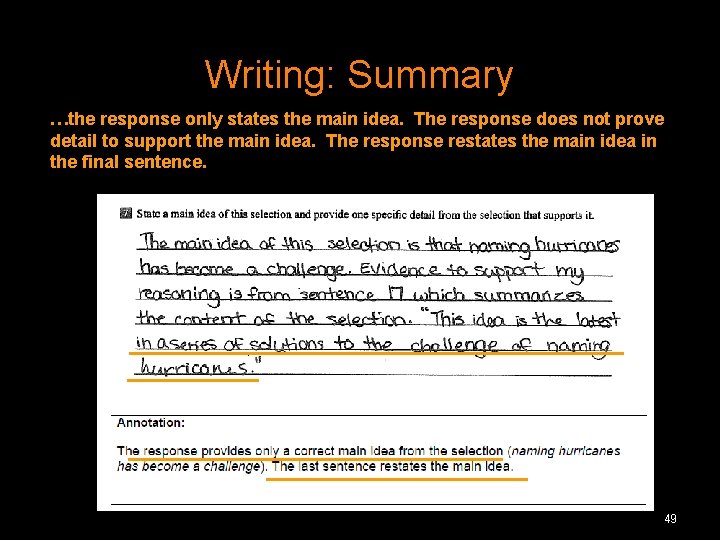 Writing: Summary …the response only states the main idea. The response does not prove Writing: Summary …the response only states the main idea. The response does not prove