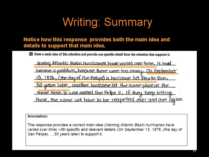 Writing: Summary Notice how this response provides both the main idea and details to Writing: Summary Notice how this response provides both the main idea and details to