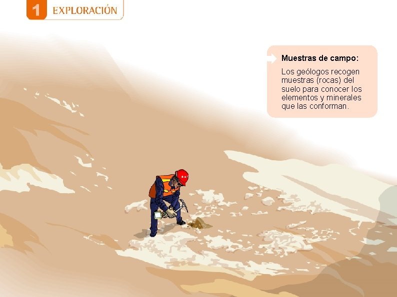 Muestras de campo: Los geólogos recogen muestras (rocas) del suelo para conocer los elementos Muestras de campo: Los geólogos recogen muestras (rocas) del suelo para conocer los elementos