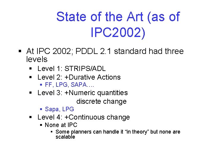 State of the Art (as of IPC 2002) § At IPC 2002; PDDL 2. State of the Art (as of IPC 2002) § At IPC 2002; PDDL 2.