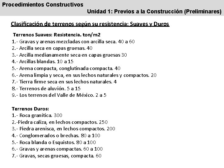 Procedimientos Constructivos Unidad 1: Previos a la Construcción (Preliminares) Clasificación de terrenos según su