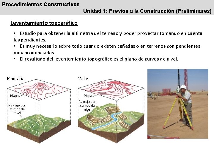 Procedimientos Constructivos Unidad 1: Previos a la Construcción (Preliminares) Levantamiento topográfico • Estudio para