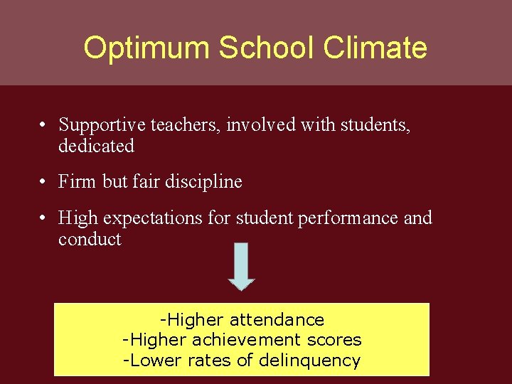 Optimum School Climate • Supportive teachers, involved with students, dedicated • Firm but fair