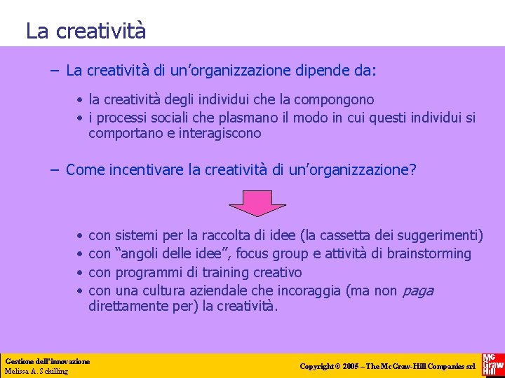 La creatività – La creatività di un’organizzazione dipende da: • la creatività degli individui