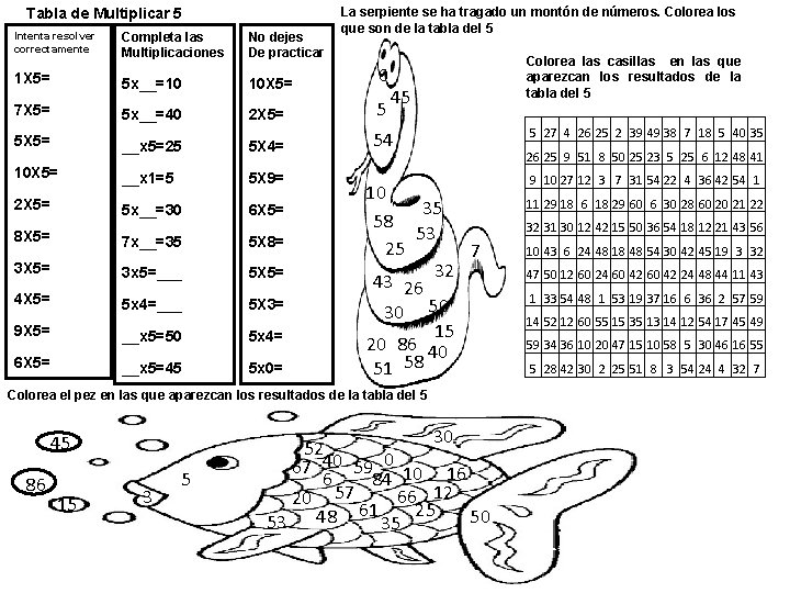 Tabla de Multiplicar 5 Intenta resolver correctamente 1 X 5= Completa las Multiplicaciones 5