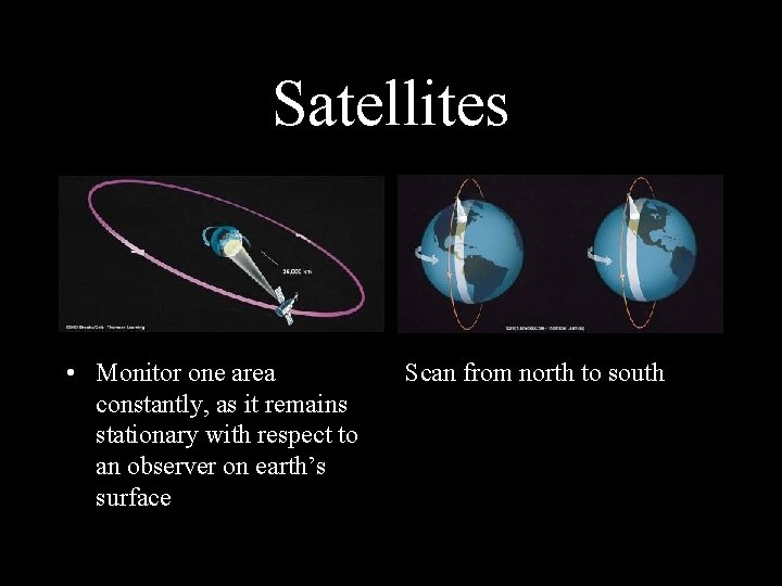 Satellites • Monitor one area constantly, as it remains stationary with respect to an