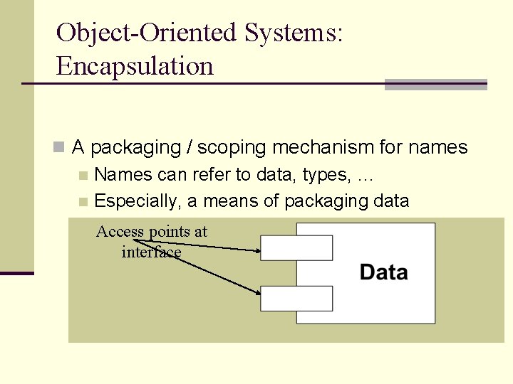 Object-Oriented Systems: Encapsulation n A packaging / scoping mechanism for names n Names can