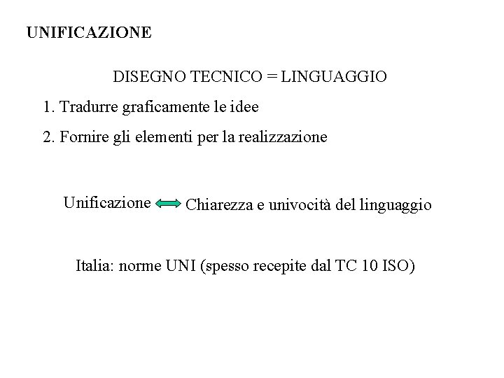 UNIFICAZIONE DISEGNO TECNICO = LINGUAGGIO 1. Tradurre graficamente le idee 2. Fornire gli elementi