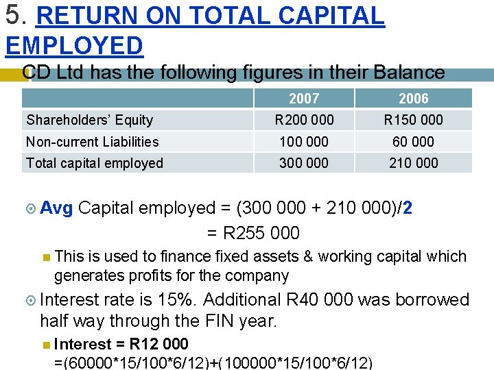 5. RETURN ON TOTAL CAPITAL EMPLOYED CD Ltd has the following figures in their 5. RETURN ON TOTAL CAPITAL EMPLOYED CD Ltd has the following figures in their