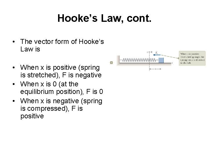 Hooke’s Law, cont. • The vector form of Hooke’s Law is • When x Hooke’s Law, cont. • The vector form of Hooke’s Law is • When x