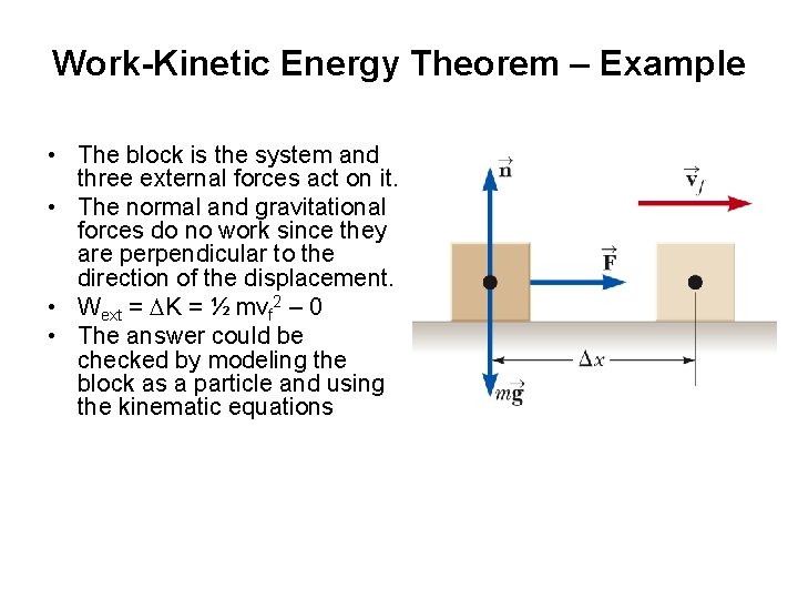 Work-Kinetic Energy Theorem – Example • The block is the system and three external Work-Kinetic Energy Theorem – Example • The block is the system and three external