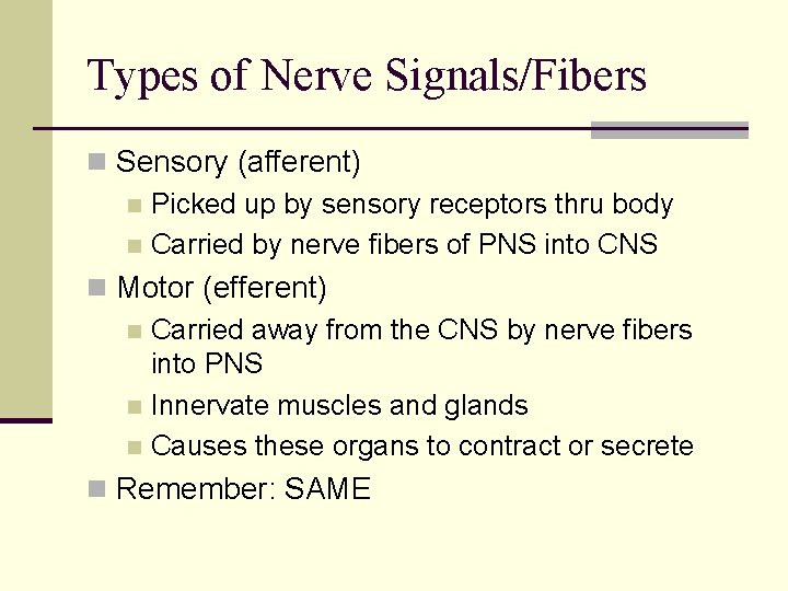 Types of Nerve Signals/Fibers n Sensory (afferent) n Picked up by sensory receptors thru