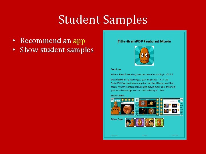 Student Samples • Recommend an app • Show student samples 