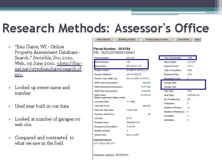 Research Methods: Assessor's Office • "Eau Claire, WI - Online Property Assessment Database Search.