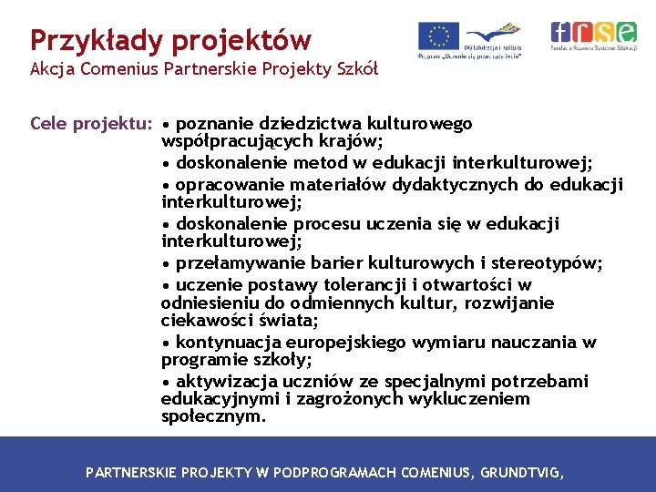 Przykłady projektów Akcja Comenius Partnerskie Projekty Szkół Cele projektu: • poznanie dziedzictwa kulturowego współpracujących