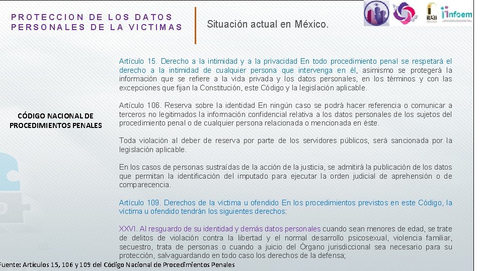 PROTECCION DE LOS DATOS PERSONALES DE LA VICTIMAS Situación actual en México. Artículo 15.