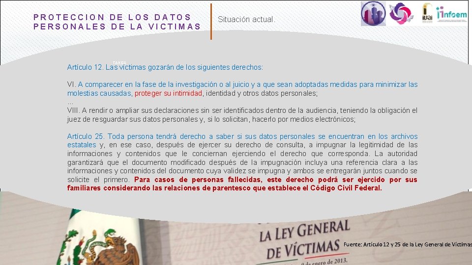 PROTECCION DE LOS DATOS PERSONALES DE LA VICTIMAS Situación actual. TAKES Artículo 12. Las