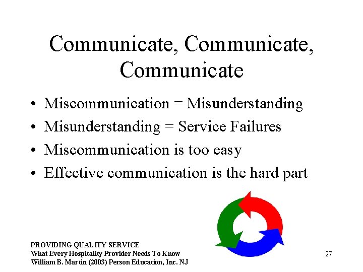 Communicate, Communicate • • Miscommunication = Misunderstanding = Service Failures Miscommunication is too easy
