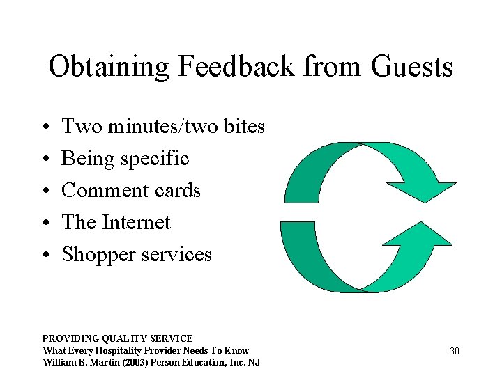 Obtaining Feedback from Guests • • • Two minutes/two bites Being specific Comment cards