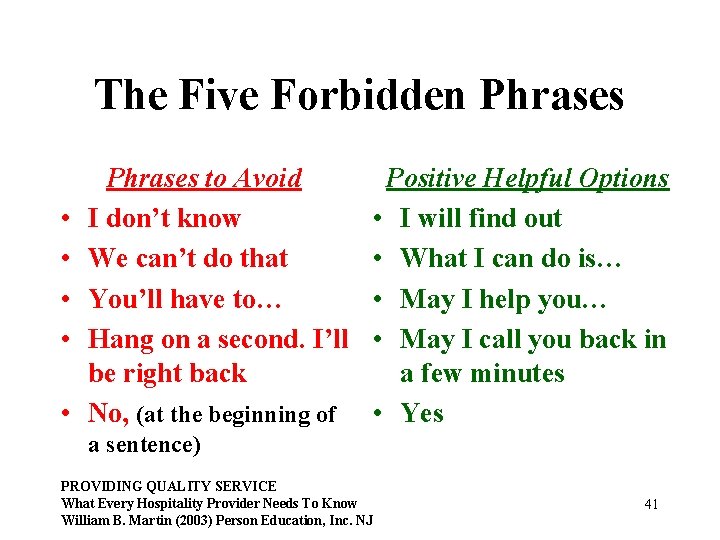 The Five Forbidden Phrases • • • Phrases to Avoid I don’t know We