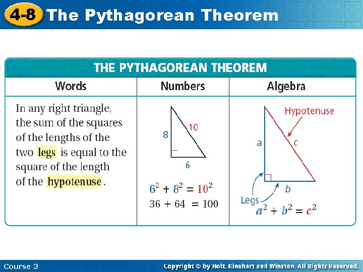 4 -8 The Pythagorean Theorem Course 3 4 -8 The Pythagorean Theorem Course 3