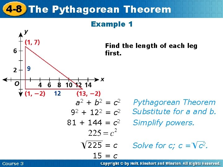 4 -8 The Pythagorean Theorem Example 1 Find the length of each leg first. 4 -8 The Pythagorean Theorem Example 1 Find the length of each leg first.