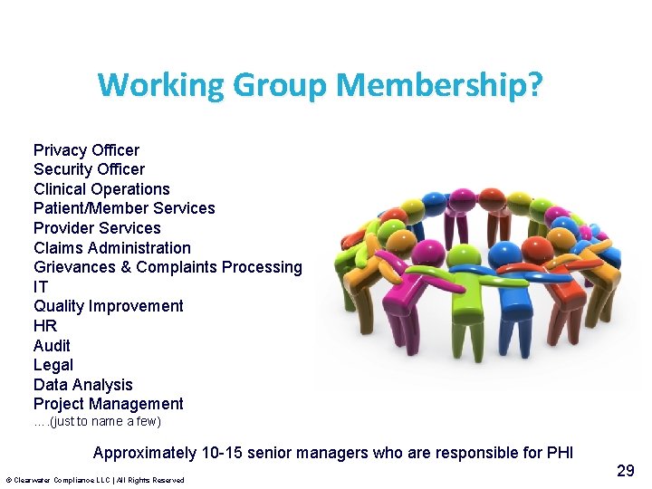 Working Group Membership? Privacy Officer Security Officer Clinical Operations Patient/Member Services Provider Services Claims