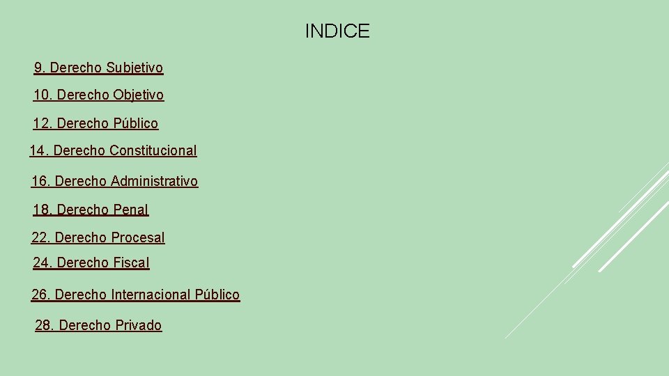 INDICE 9. Derecho Subjetivo 10. Derecho Objetivo 12. Derecho Público 14. Derecho Constitucional 16.