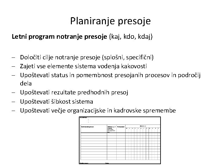 Planiranje presoje Letni program notranje presoje (kaj, kdo, kdaj) Določiti cilje notranje presoje (splošni,