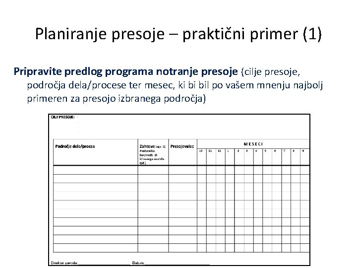 Planiranje presoje – praktični primer (1) Pripravite predlog programa notranje presoje (cilje presoje, področja