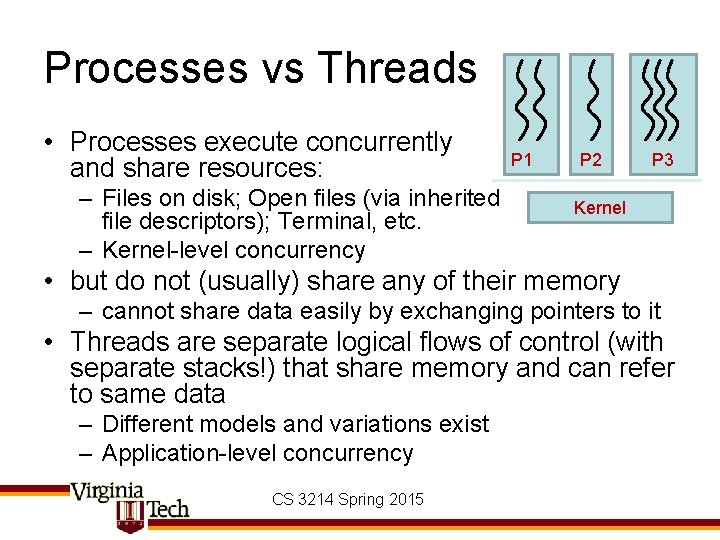 Processes vs Threads • Processes execute concurrently and share resources: – Files on disk;