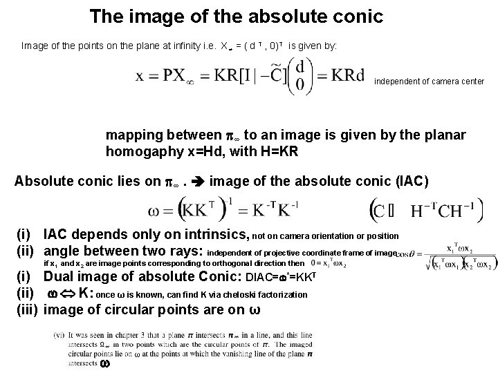 The image of the absolute conic Image of the points on the plane at