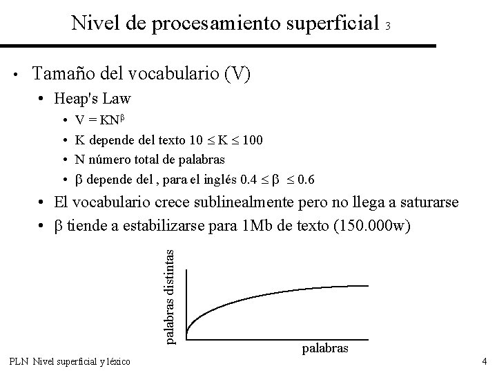 Nivel de procesamiento superficial 3 • Tamaño del vocabulario (V) • Heap's Law •