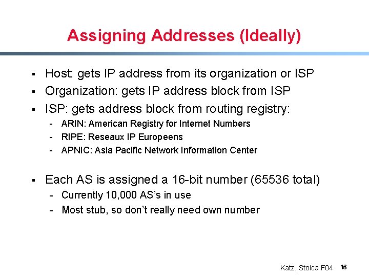 Assigning Addresses (Ideally) § § § Host: gets IP address from its organization or