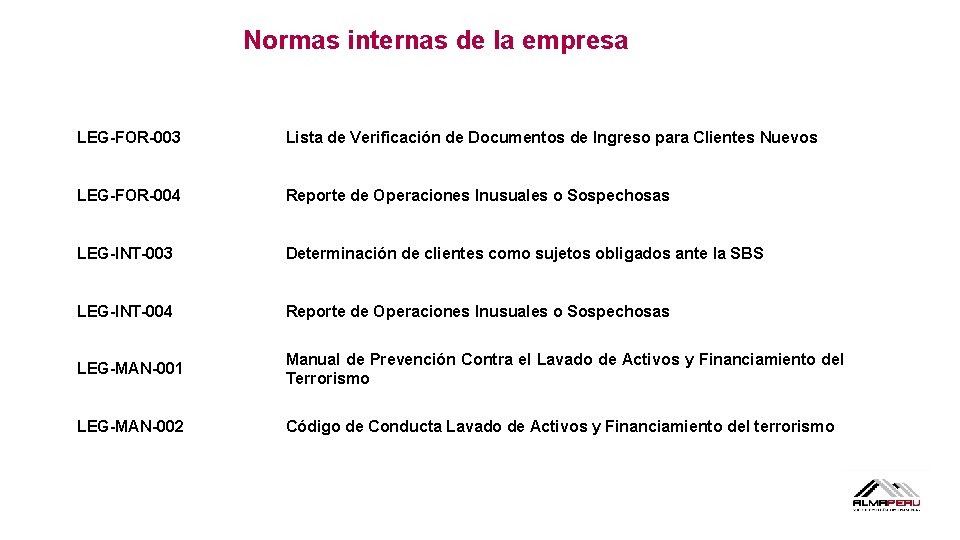 Normas internas de la empresa LEG-FOR-003 Lista de Verificación de Documentos de Ingreso para