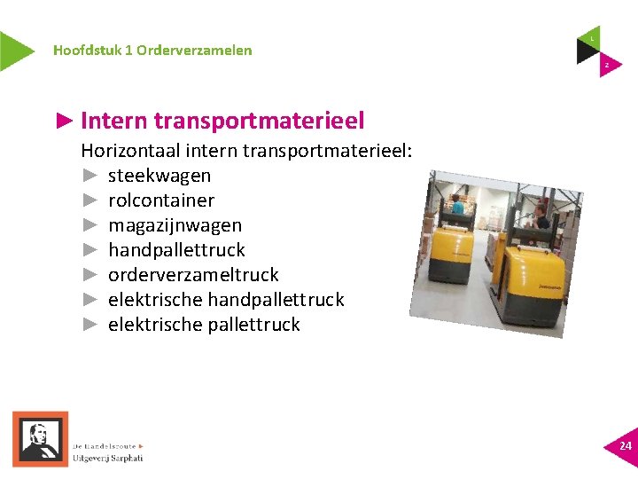 Hoofdstuk 1 Orderverzamelen ► Intern transportmaterieel Horizontaal intern transportmaterieel: ► steekwagen ► rolcontainer ►