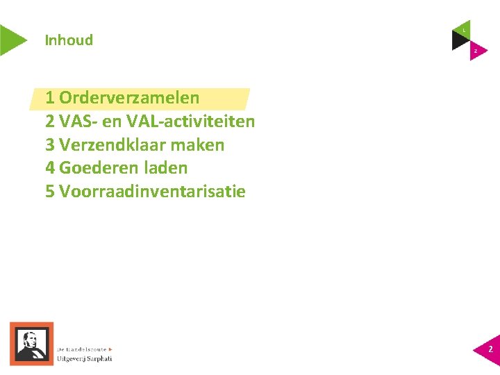 Inhoud 1 Orderverzamelen 2 VAS- en VAL-activiteiten 3 Verzendklaar maken 4 Goederen laden 5