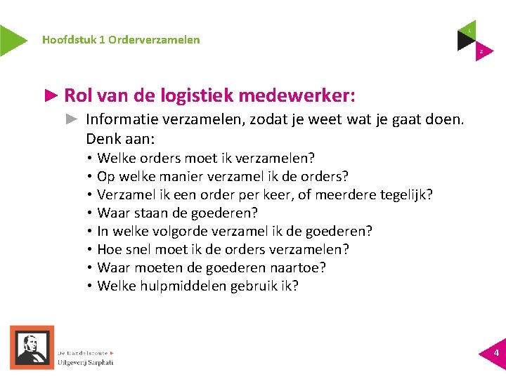 Hoofdstuk 1 Orderverzamelen ► Rol van de logistiek medewerker: ► Informatie verzamelen, zodat je