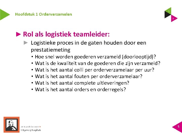 Hoofdstuk 1 Orderverzamelen ► Rol als logistiek teamleider: ► Logistieke proces in de gaten