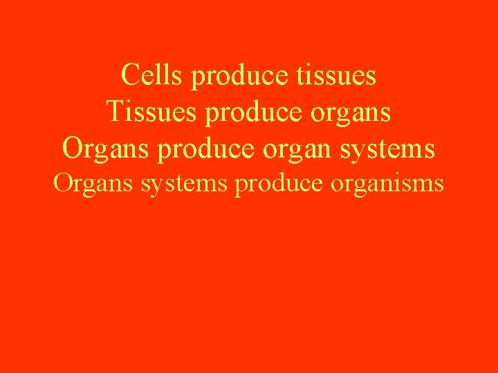 Cells produce tissues Tissues produce organs Organs produce organ systems Organs systems produce organisms Cells produce tissues Tissues produce organs Organs produce organ systems Organs systems produce organisms