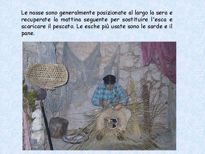 Le nasse sono generalmente posizionate al largo la sera e recuperate la mattina seguente Le nasse sono generalmente posizionate al largo la sera e recuperate la mattina seguente