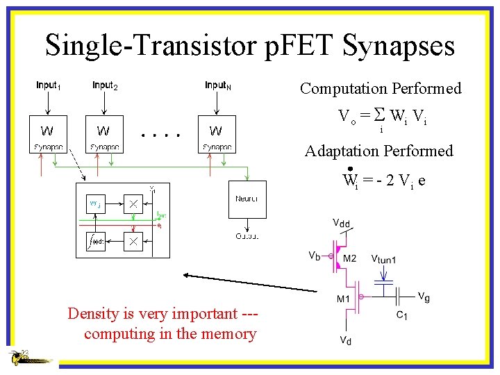 Single-Transistor p. FET Synapses Computation Performed Vo = S W i Vi i Adaptation