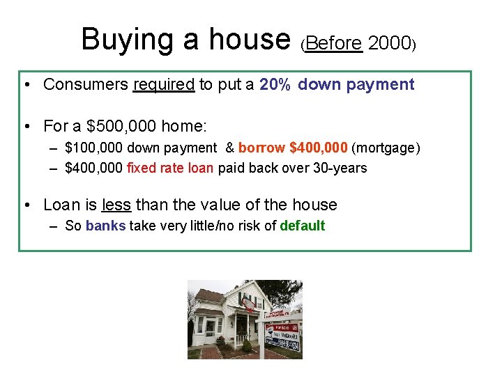 Buying a house (Before 2000) • Consumers required to put a 20% down payment