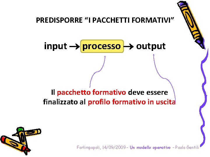 PREDISPORRE “I PACCHETTI FORMATIVI” input processo output Il pacchetto formativo deve essere finalizzato al