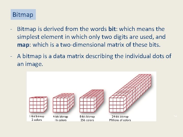 Bitmap - Bitmap is derived from the words bit: which means the bit simplest