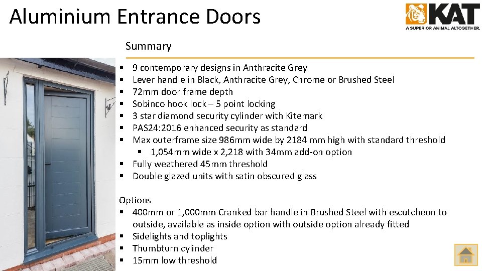 Aluminium Entrance Doors Summary 9 contemporary designs in Anthracite Grey Lever handle in Black,