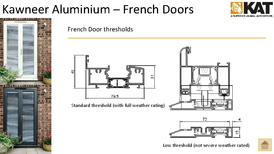 Kawneer Aluminium – French Doors French Door thresholds Standard threshold (with full weather rating)